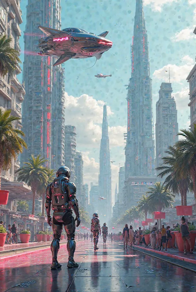 Modern Tunis in 2127 with the current flag of robots, futuristic flying cars