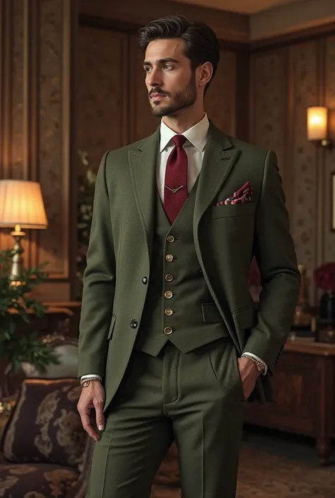 Generate an image of a man dressed like this:
Olive green three-piece suit
White shirt with hidden buttons 
Necktie, elegant shoes and socks red wine