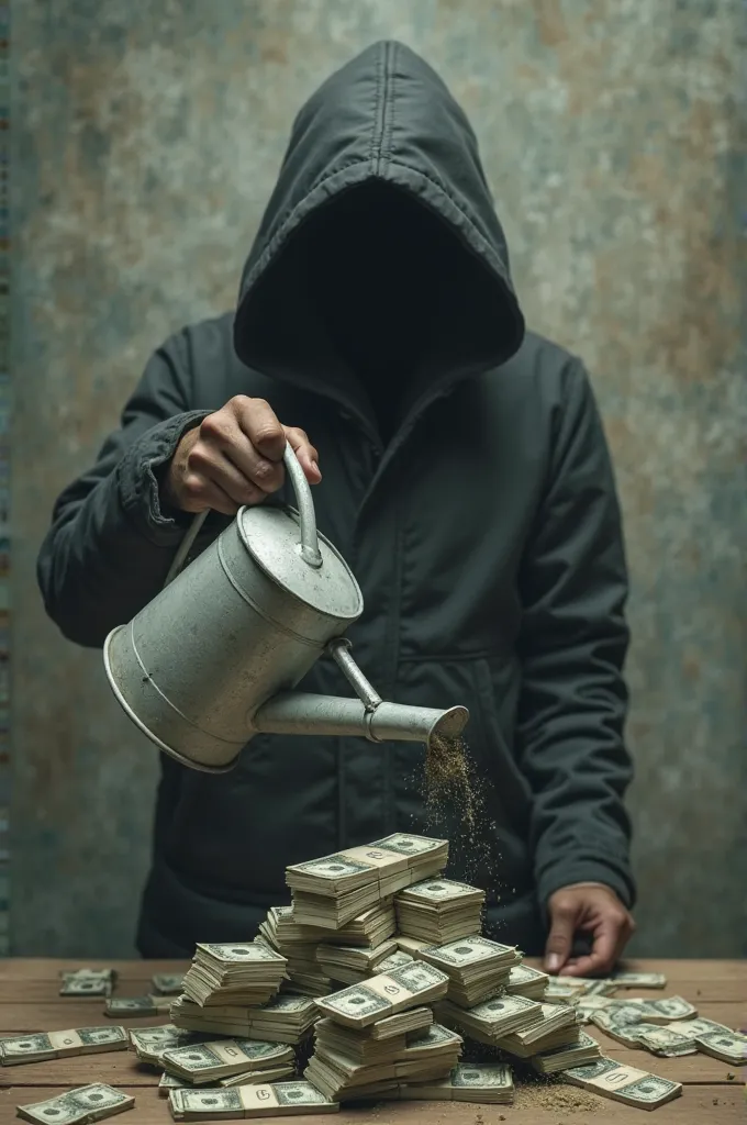 Holding a watering can on a pile of money, not seeing a person's face