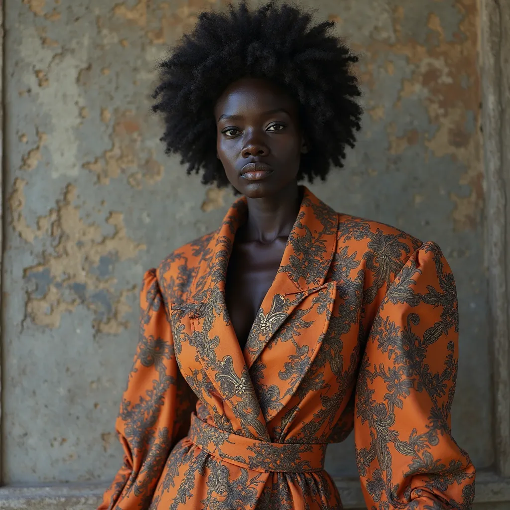 📸 What if fashion were not something you wear, but something that you are? Black-skinned models pose completely "dressed in" with fabric patterns printed directly on the skin, as if the body were shaped by living haute couture. Some images show slits openi...