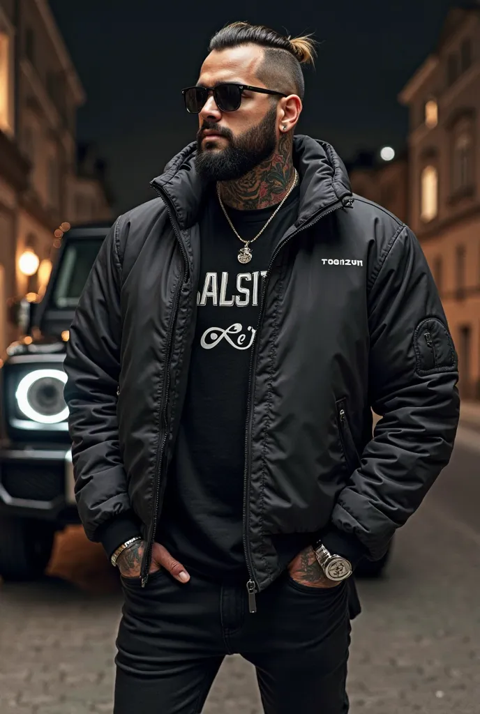 Draw a Latin man with a beard and tattoos with black Puma, a jacket, a black flannel for men with the inscription “SALSITA TIKTOK” and black glasses  , shoes Standing next to a Mercedes G-Class, Black At night HIGH QUALITY PHOTOREALISTIC PHOTO 