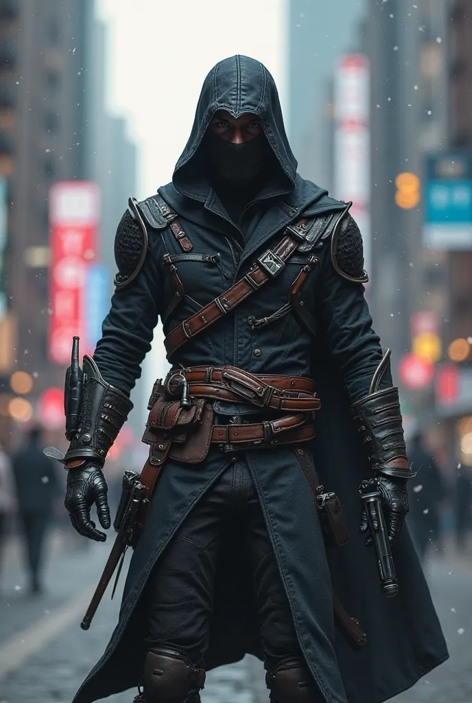 Make assasin creed at the modern time he has hidden blade katana and modern guns also he wear carbonfiber black kevlar with black lather suit