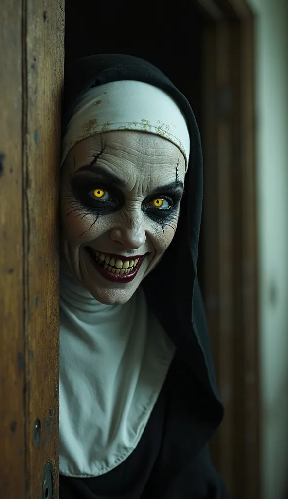 Create a highly detailed and realistic horror-style image of a terrifying nun with an eerie, ghostly appearance. She should have pale, cracked skin, dark sunken eyes with glowing yellow irises, and a sinister grin revealing sharp teeth. Her face should hav...