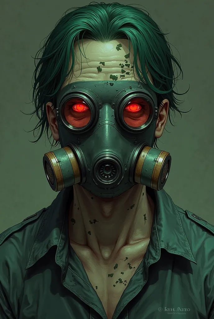 wears black and green gas mask" + "has dark green hair" + "has red eyes" + "has dark green square freckles on the face" + "has dark green square freckles on the neck" + "has dark green square freckles on the arms/shoulders" "big scar on the face" "man" "Pr...