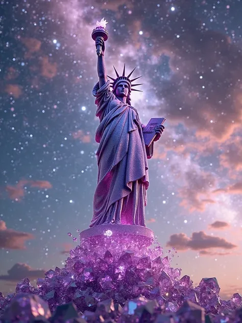 The Statue of Liberty made of the amethyst gem. In the background there is a sky like nebulae