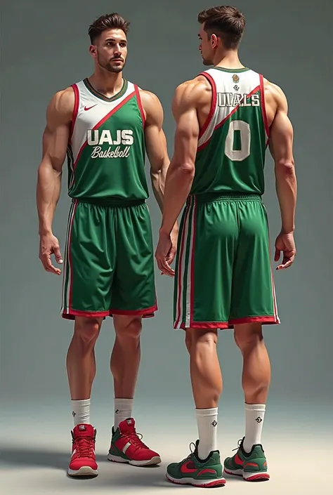 Basketball uniform for university with the name UAJS BASKETBALL and colors Green, white,  y red 