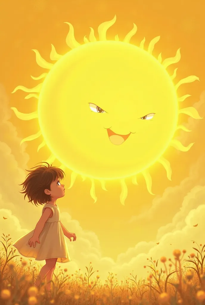 MAKE A COVER FOR ME WITH A GIRL ADORING A SUN WITH SLANTED EYES, ANIMATED THAT HAS ONLY YELLOW TONES