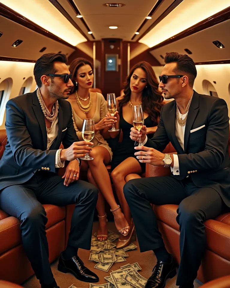 Create an image of millionaire mafiosos, exuding extravagance and luxury, inside a state-of-the-art jet. The sleek and modern 30-year-olds are adorned with gold and diamond watches and chains, toasting champagne served by stunning Dubai beauties as they sm...