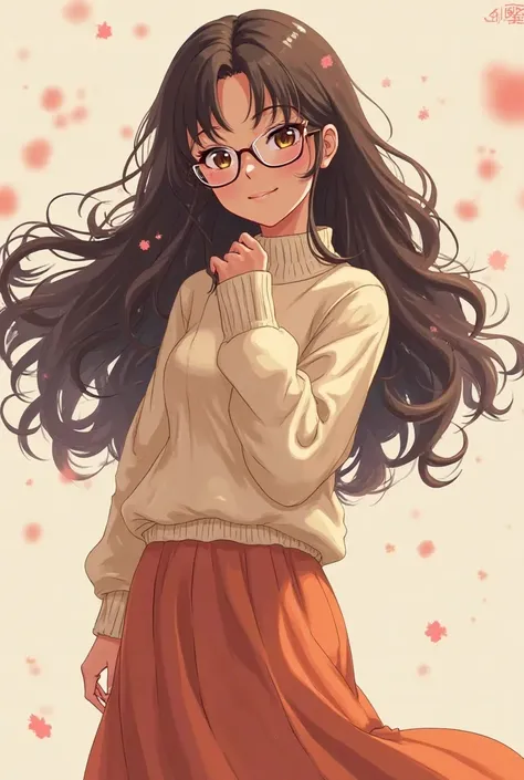 Anime drawing girl, brown skin color, with glasses,  long curly hair, with sweater and long skirt , 