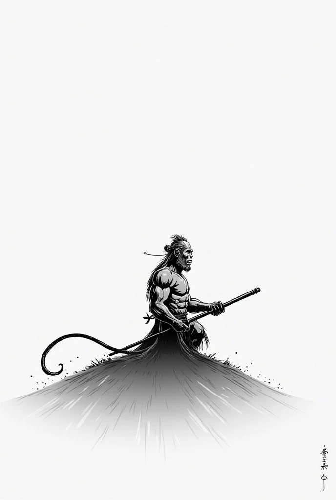 Simplistic manga sketch of Sun Wukong in black and white with gradient sitting with his stick 