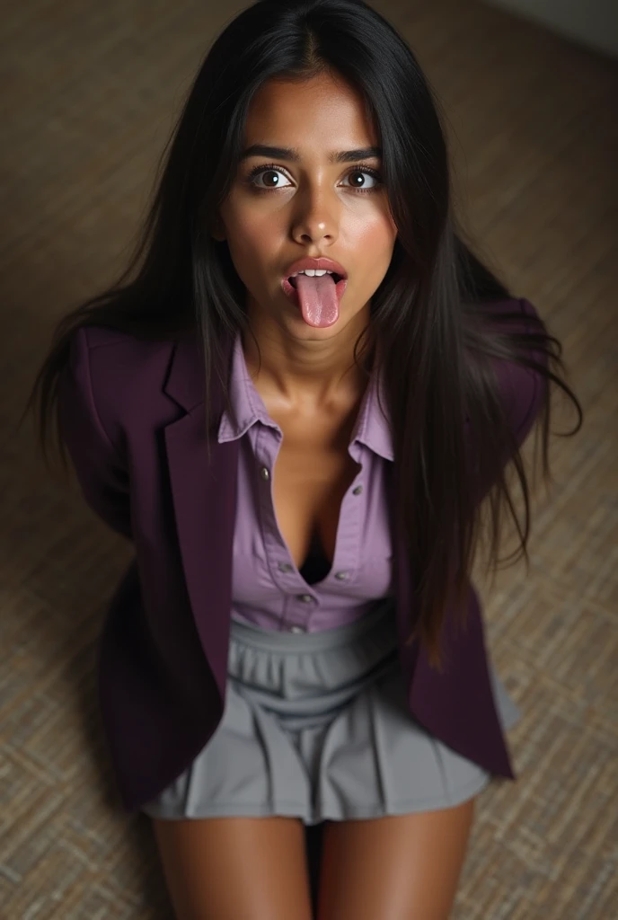 Realistic photo from above of the “photographer’s own knees”. between the knees is a petite sexy Indian  with dark eyes kneeling and “looking up towards the camera”. “Heavily detailed frightened expression.” She has long hair. Her eyes are shut tightly. He...