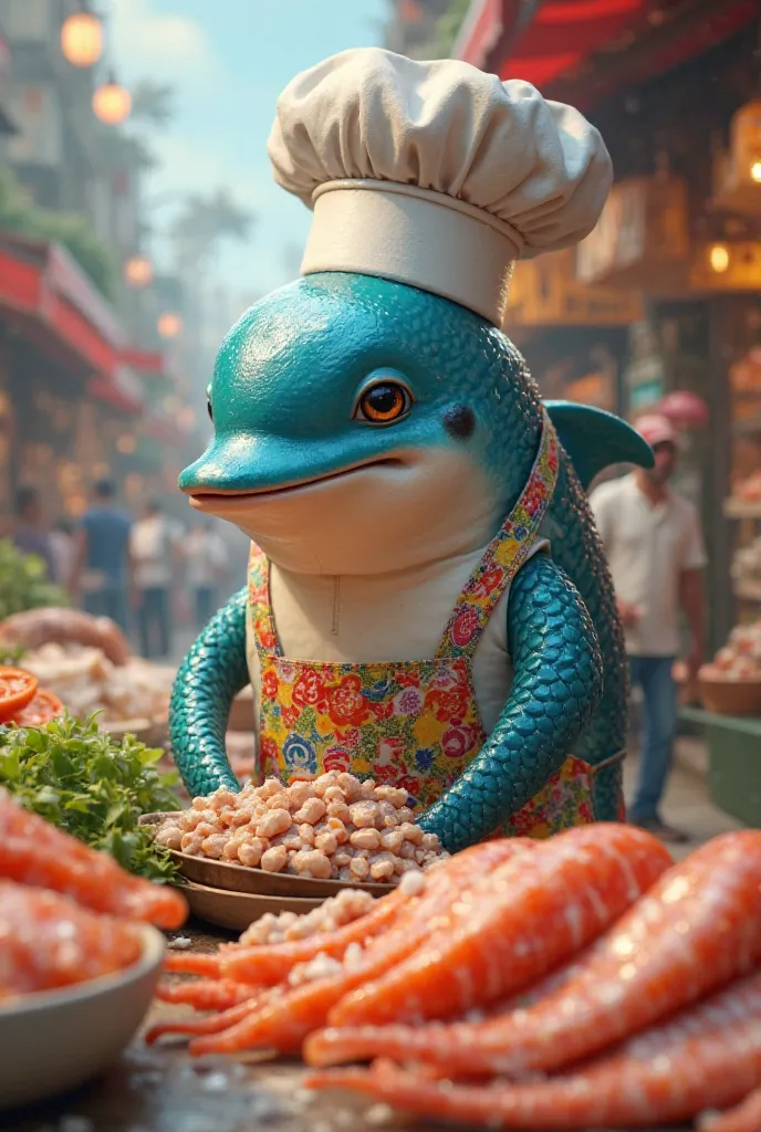 A cute dolphin fish wearing a chef’s hat and apron, standing in a busy seafood market, carefully selecting fresh ingredients.