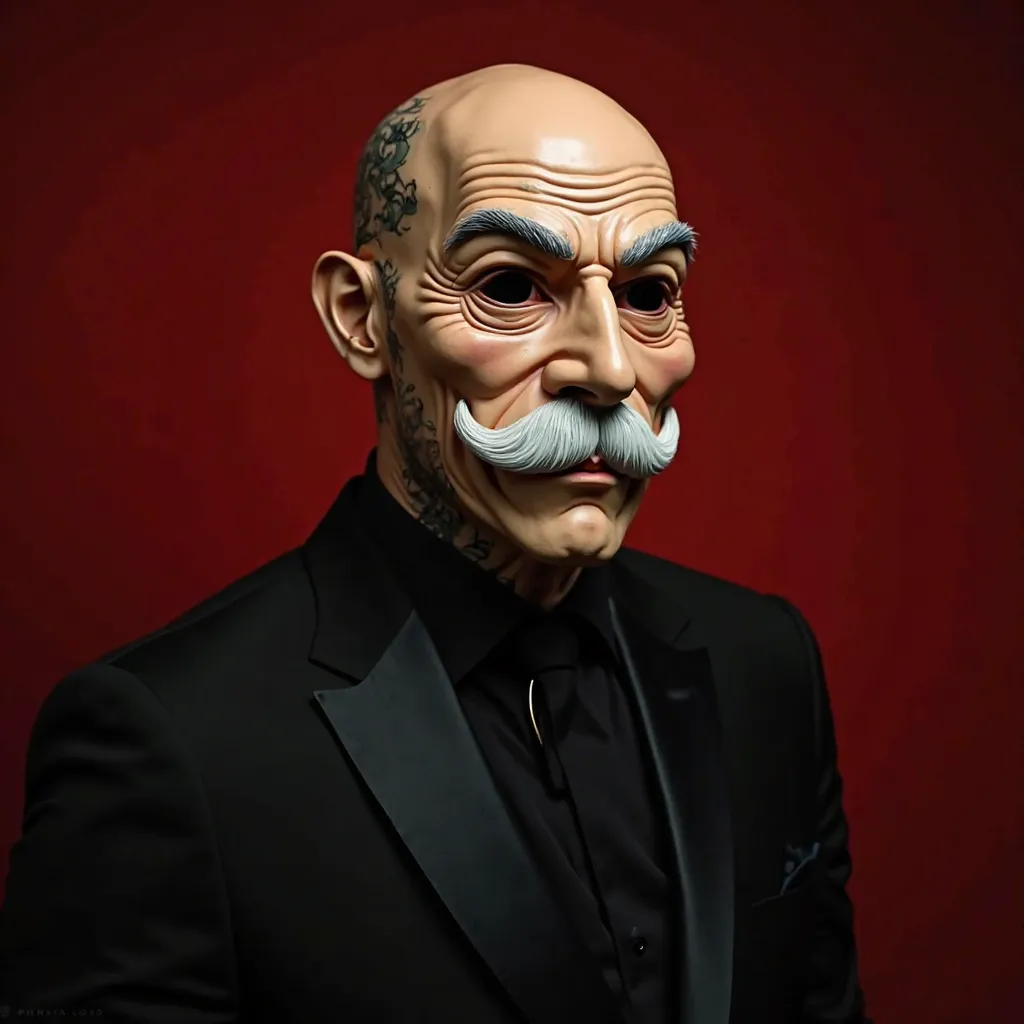 "A bald, tattooed man wearing an elegant all-black suit. He is wearing a detailed mask that completely covers his face. The mask has an artificial beige tone and a stylized design that represents an elderly man with an intriguing expression. It has thick, ...