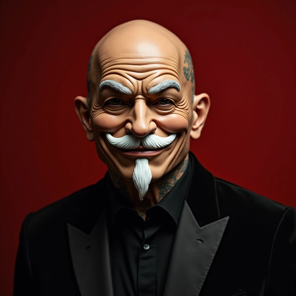 "A bald, tattooed man wearing an elegant all-black suit. He is wearing a detailed mask that completely covers his face. The mask has an artificial beige tone and a stylized design that represents an elderly man with an intriguing expression. It has thick, ...