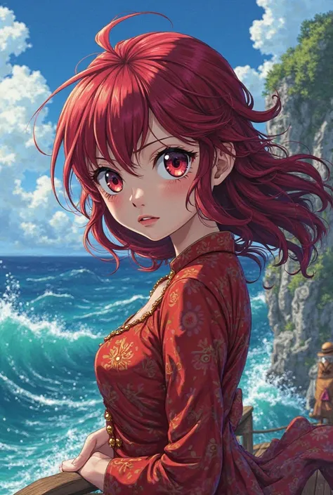 Anime One piece with a girl with dark red hair and reddish eyes 