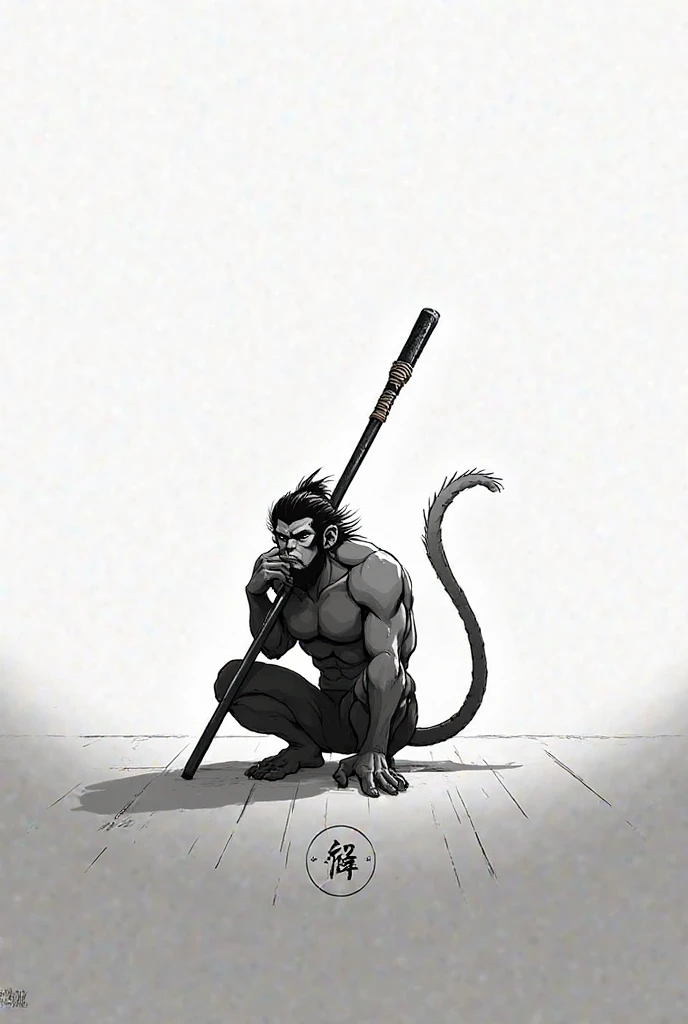 Simplistic manga sketch of Sun Wukong in black and white with gradient sitting with his stick 