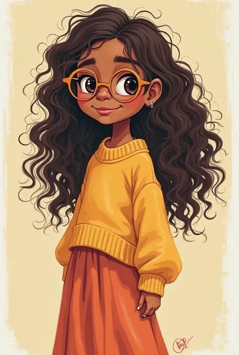 Cartoon girl, brown skin color, with glasses,  long curly hair, with sweater and long skirt, without tendrils , Not even painted nails, 