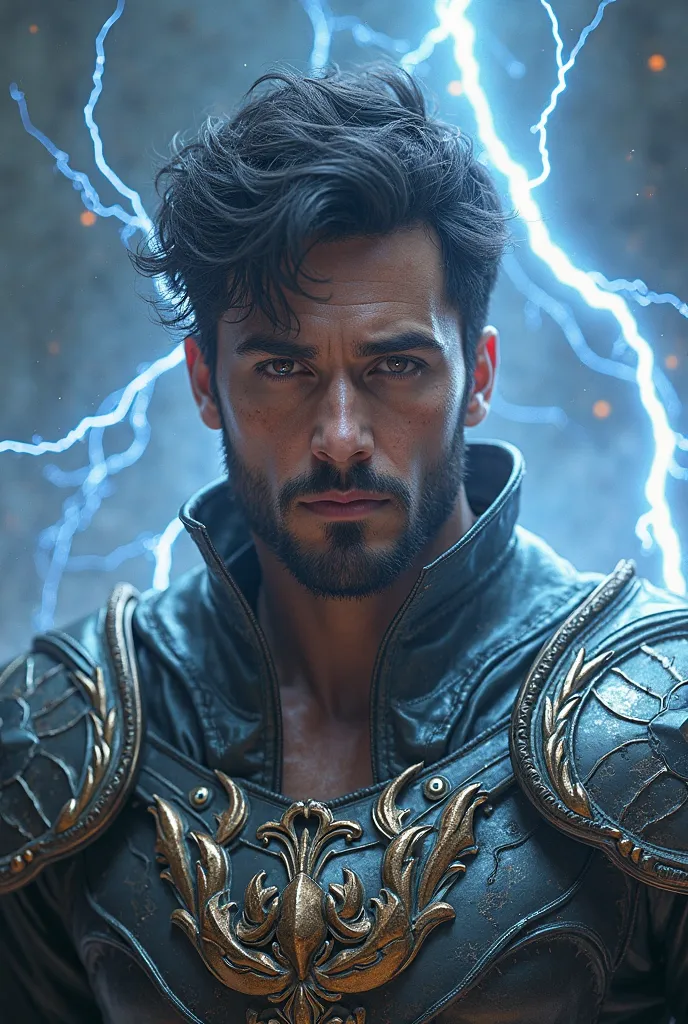  handsome  , charismatic and ultra realistic brown eyes a charismatic warrior god of lightning has lightning and lightning in the background theme 