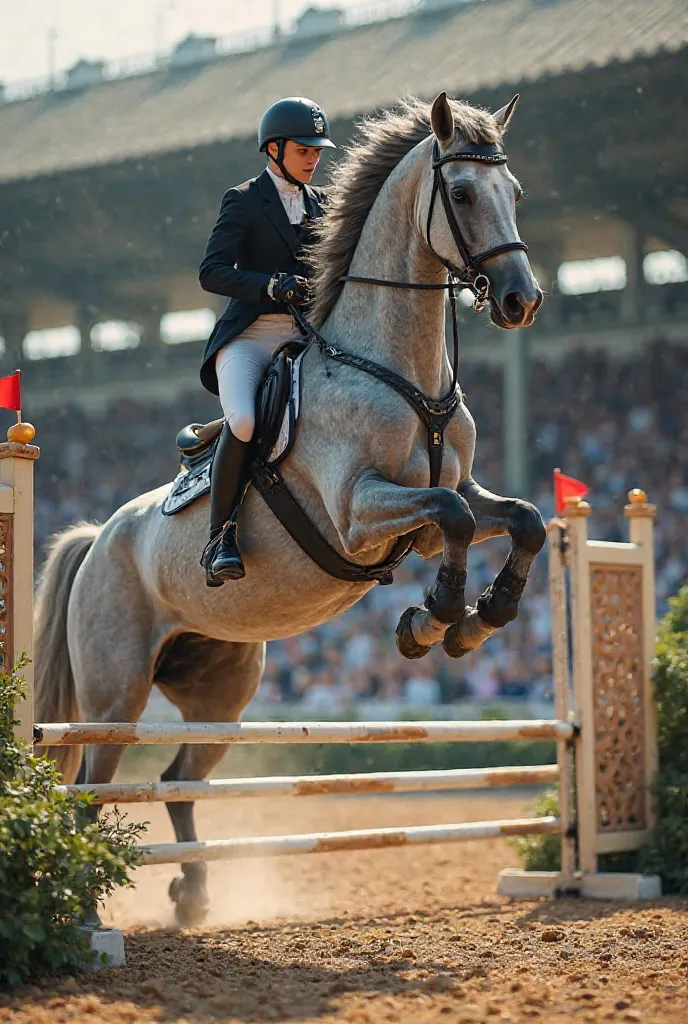 Realistic horse show jumping really high with rider in English tack On a grey horse