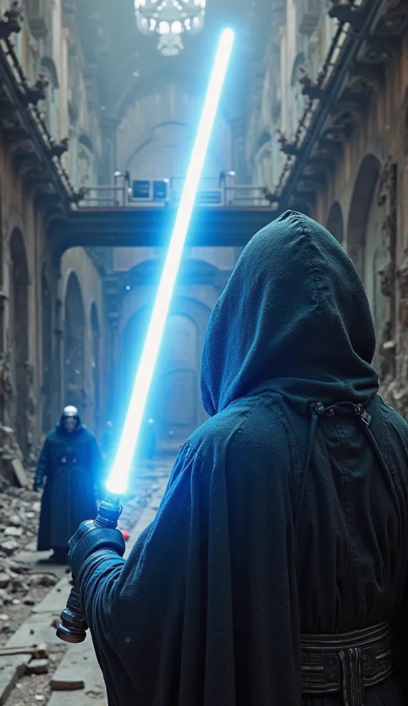 An ultra-realistic point-of-view image (throw), capturing the first person perspective. Are you looking at a Sith a . Your right hand wields a blue light sabre,, Illuminating. The Sith before you wears a black hooded cloak, your metallic mask reflecting th...