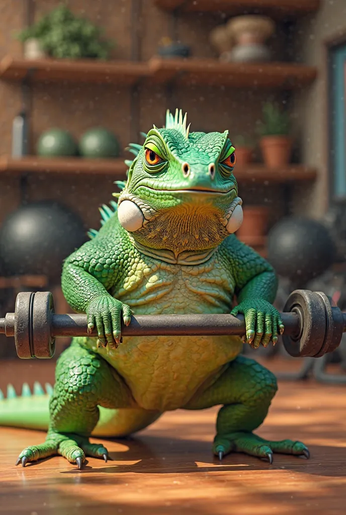 Chubby iguana lifting weights