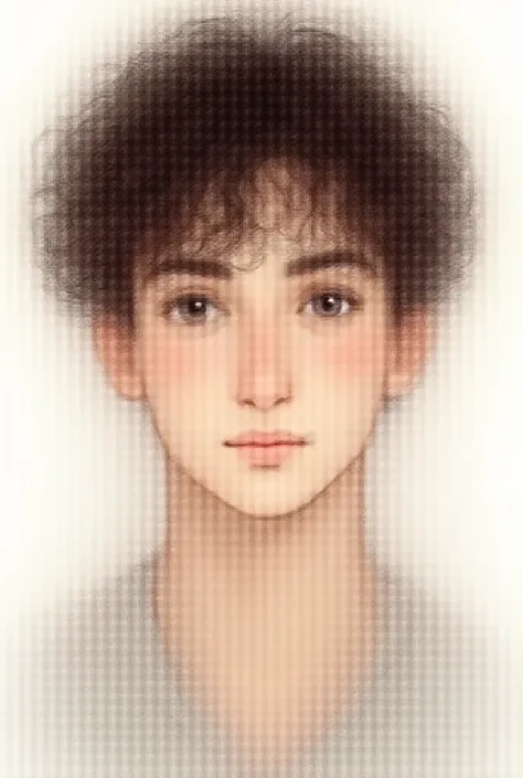 A young man with dark brown hair with curls, white, 18 years old, slightly trained body, really handsome, tall and grey eyes, sharp jaw and cheekbones, drawing