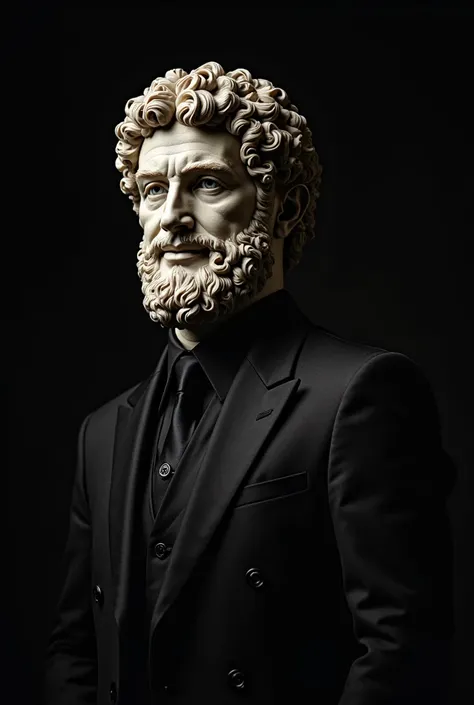 Roman Emperor Marcus Aurelius ,  dressed in black with a black suit and the face of a statue .  a creativity between modern human clothing and the face of a statue with the stoic Marcus Aurerios looking forward smiling. Photo with black backgrounds.
