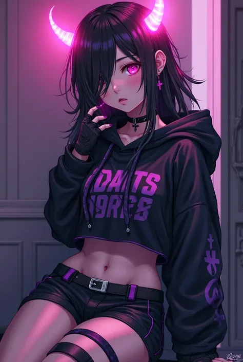 Anime Femboy Boy long Hair Falling Over Eye Black, neon pink eyes, feminine appearance, black cross earrings, Piercing in the corner of the lip, black choker, black and purple hooded sweatshirt with belly showing, long black gloves, black shorts with a pur...