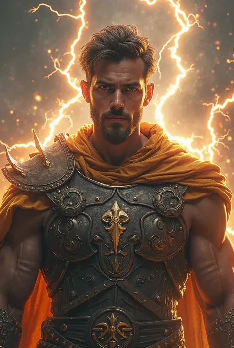  handsome  , charismatic and ultra realistic brown eyes a charismatic warrior god of lightning has lightning and lightning in the background theme 