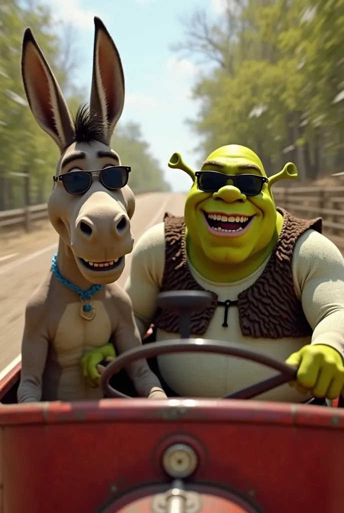 Create an image of Shrek and Donkey wearing sunglasses in a speeding carriage with the surroundings distorted by the speed. They are both laughing. The angle of the image is kind of sideways, more forward, like 40 or 20 degrees.