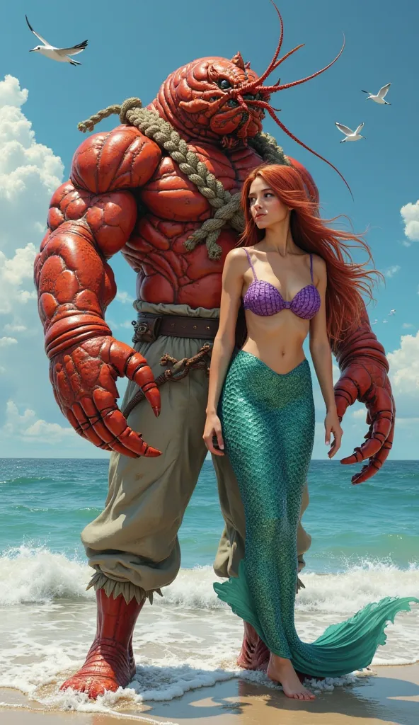 A highly detailed and realistic digital painting of a muscular humanoid lobster in a navy-style outfit with ropes draped over its shoulders, standing behind a beautiful mermaid with long, flowing red hair. The mermaid has a shimmering turquoise tail and we...