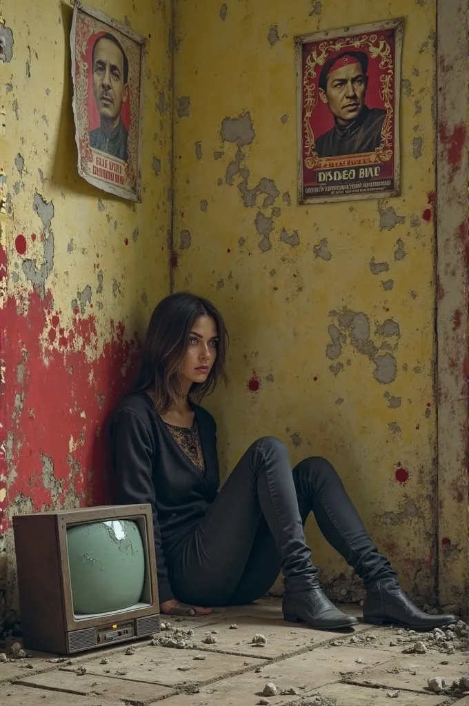 A woman sits with her back against a red-stained wall, the walls are yellowish and filthy, there is an old unplugged television shattered on the floor and old Soviet Union posters plastered on the walls. 