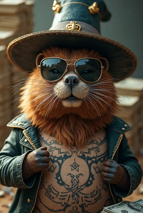 Un castor qui se nomme el castor qui a un chapeau de magicien et une moustache mexicaine et a des lunettes de mafieux et a des tatouages et derrière lui on remarque des liasses de billets 