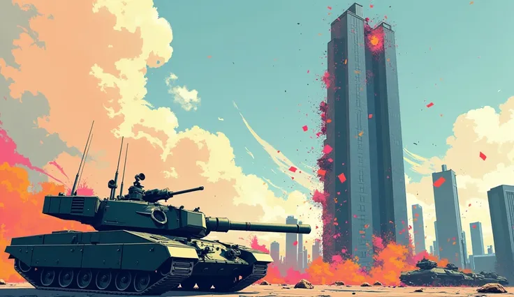 A tank shoots at a tall skyscraper. The upper part of the skyscraper falls off. in 2d style