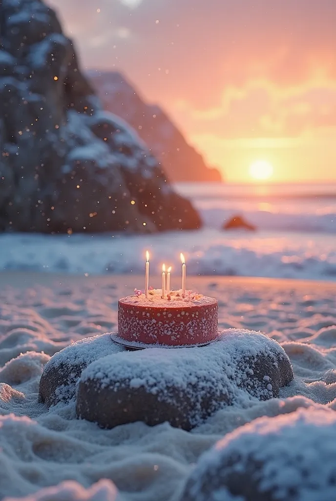 A picture of a sandy beach with a lot of snow on the sand, the sun is almost orange at sunset and "A lot of snow falling" AND A BOULDER WITH A WIDE SURFACE AND SHARP EDGES ON THE BEACH, ON THE ROCK BED, A BIRTHDAY CAKE WITH A FEW SMALL CANDLES AND AN ABBEY...