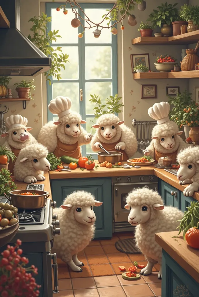 10 sheep cooks in the kitchen with fresh food