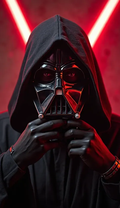 An ultra-realistic point-of-view image (throw), capturing the first person perspective. Your hands hold a black mask Glowing, designed for a Sith Lord. The cold interior of the metal weakly reflects the glow of a red light sabre that crackles in the backgr...