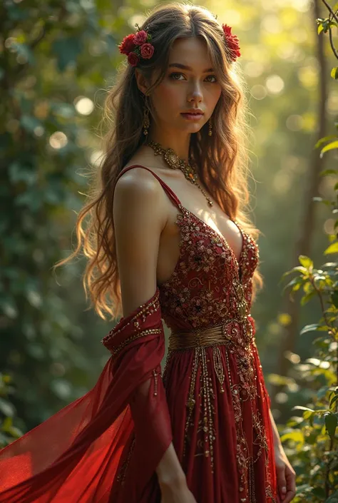  very sexy 15 yare old female wiccan in a very revelling red and  gold dress