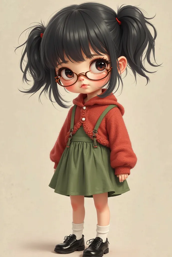 Realistic  girl with black hair, white skin with freckles on her cheeks, wearing glasses and 2 pigtails, one on each side, wearing lettuce green dress and a red sweater, black school shoes, 