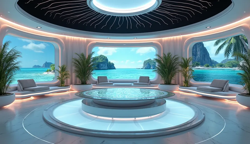 "A futuristic high-tech talk show studio set on a luxurious tropical island, designed with a unique and artistic architecture. The studio features dynamic 3D wave-patterned walls with integrated LED lighting, creating depth and an immersive atmosphere. A s...