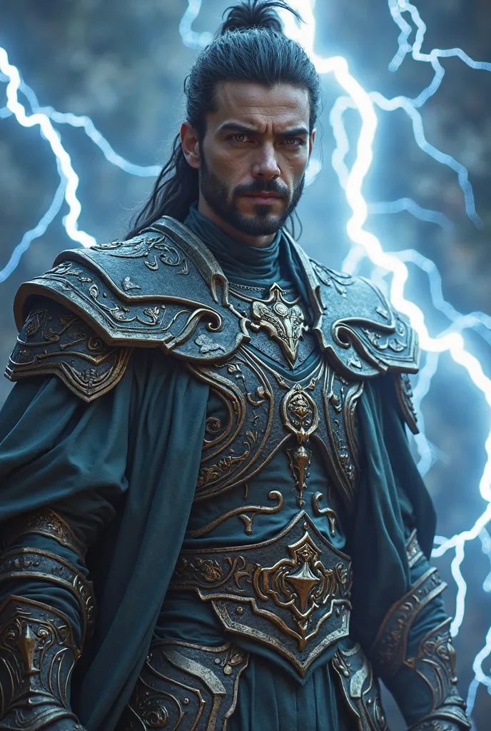  handsome  , charismatic and ultra realistic brown eyes a charismatic warrior god of lightning has lightning and lightning in the background theme 