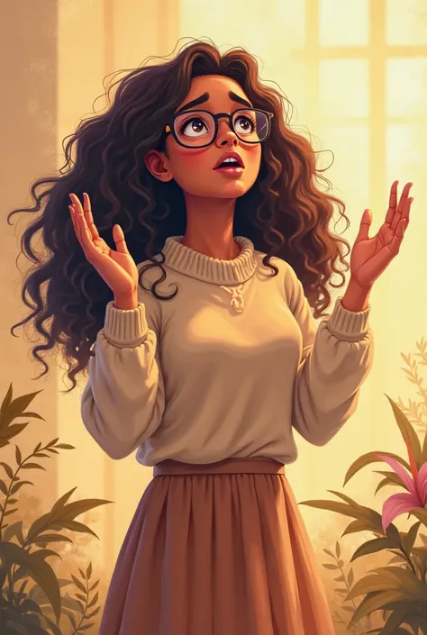 Young woman cartoon, brown skin color, with glasses,  long curly hair, with sweater and long skirt, Christian, worshiping