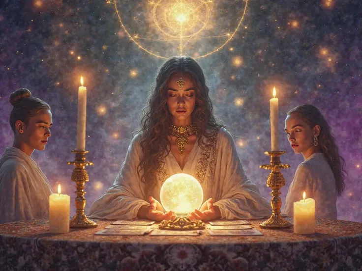 A captivating and professional Facebook cover featuring a confident and wise spiritual coach sitting with human souls, reading their tarot cards. She wears a flowing robe adorned with golden celestial symbols, exuding wisdom and deep intuition. The souls a...