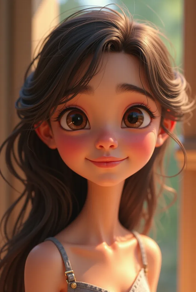 Young brunette Disney Pixar brown eyes black hair thin round face with slightly older cheeks 