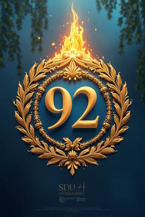 logo in gold with a blue and willow background and the flame of the spirit surrounding the inscription 92 years of the Assembly of God in Brazilian Portuguese
