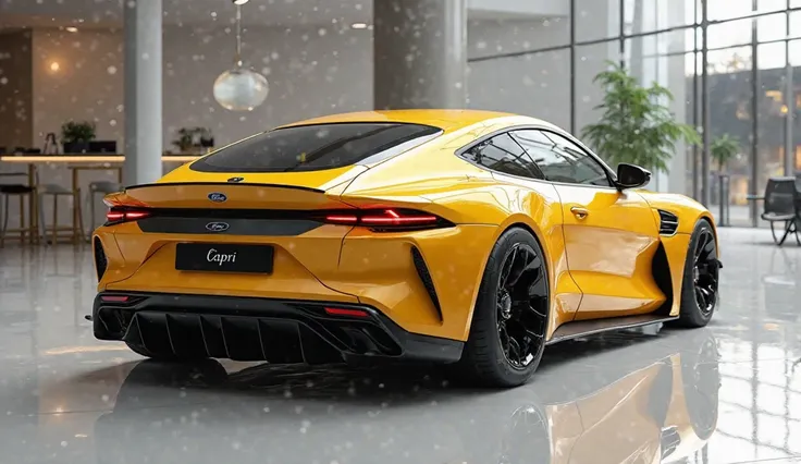 create an ultra-detailed 3D render back view, of a modern 2025 Ford Capri with a bold designy looking long like limousine captured from back view. The car should feature a 'Gleamy oily Yellow 'color and black accents with a ' Ford logo on its back, a large...