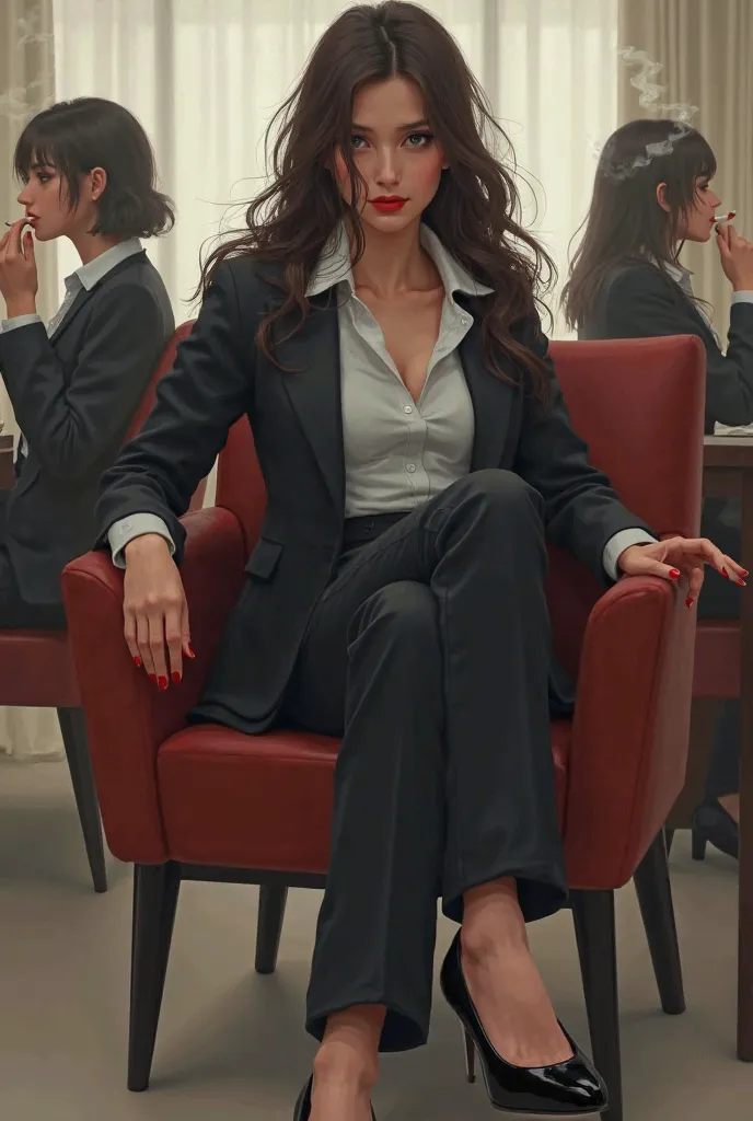  A girl in a business suit , shirt with open buttons above the chest,  in high-heeled shoes , with red nails, he sits in the office lounge area and smokes a cigarette.  Other girls are smoking in the background.