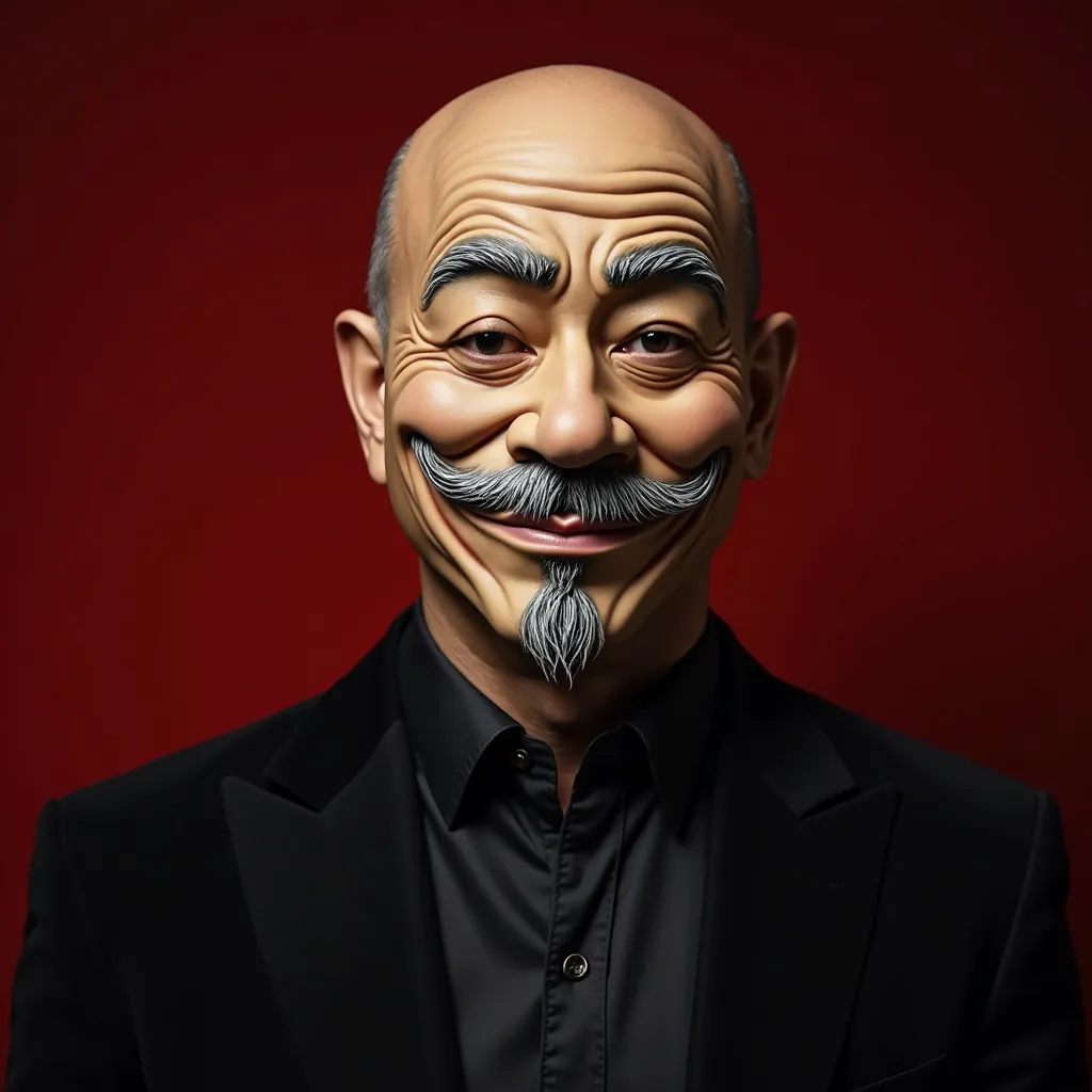 "A bald, tattooed man wearing an elegant all-black suit. He is wearing a detailed mask that completely covers his face. The mask has an artificial beige tone and a stylized design that represents an elderly man with an intriguing expression. It has thick, ...