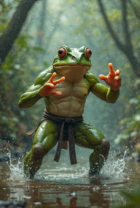 A street fighter frog during martial arts in the middle of a slough in 80's action movie style