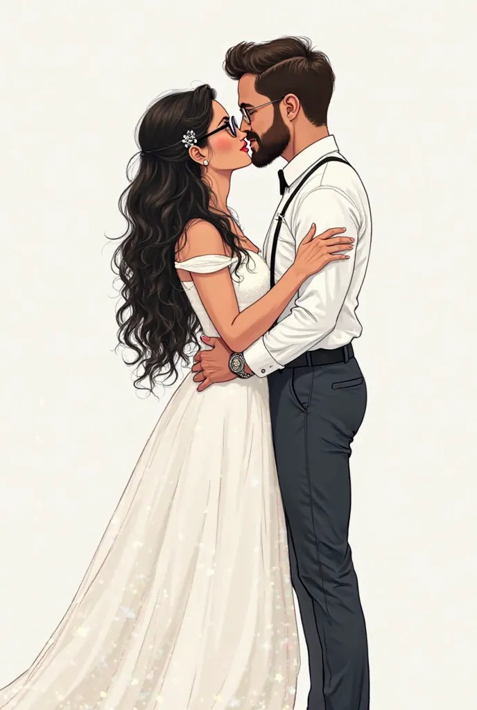 Drawing of a couple full body of married couples on their sides about to kiss but without touching each other, the curvy girl with rather long black hair with glasses and wedding dress and the brown boy without glasses and without a beard, both young 